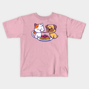 Cute Couple Cat And Pug Dog Eating Spaghetti Together Cartoon Kids T-Shirt